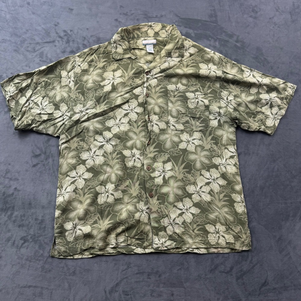 Breakwater Mens Large Olive Green Hibiscus Floral Rayon Short Sleeve Button Up